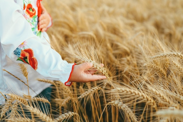 Uma garota ucraniana de camisa bordada anda pelo campo tocando as orelhas com as mãos