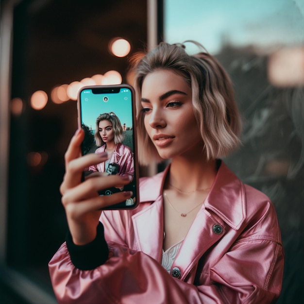 Uma garota uma influenciadora tirando uma foto de si mesma uma selfie uma garota segurando um telefone