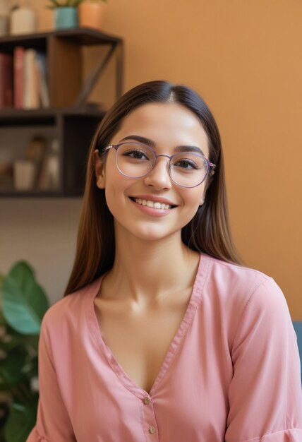 uma garota usando óculos com uma camisa rosa que diz que ela está usando