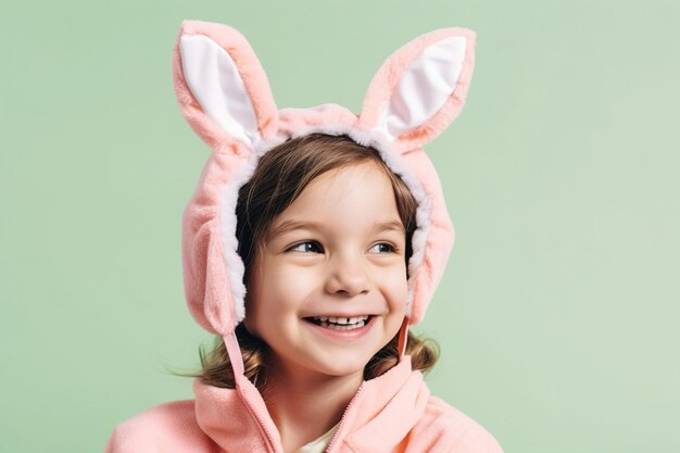 Uma garota usando orelhas de coelho e um chapéu de coelho rosa