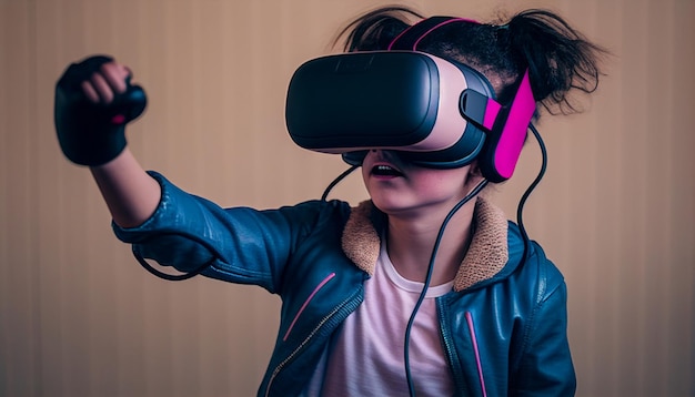 Uma garota usando um fone de ouvido de realidade virtual Generative AI