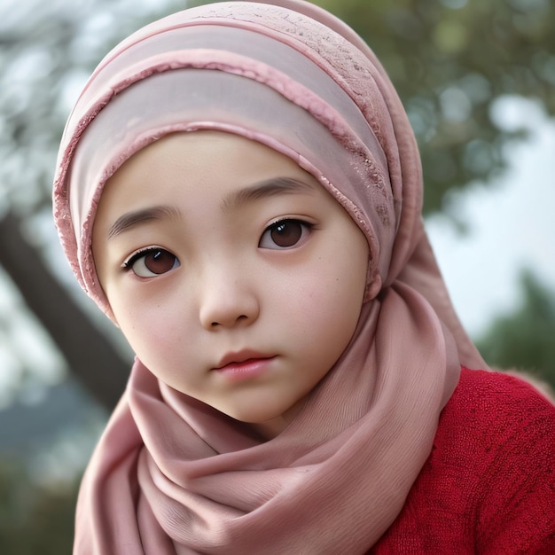 Uma garota vestindo um hijab e um lenço rosa.