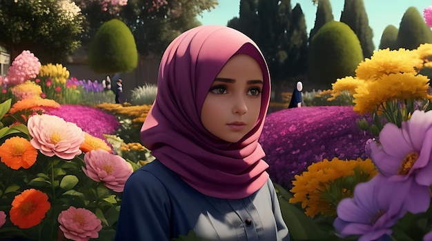 Uma garota vestindo um hijab está parada em um jardim de flores Ai Generated