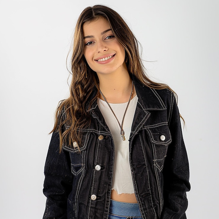 Foto uma garota vestindo uma jaqueta de jeans que diz que ela está vestindo uma chaqueta de jeans
