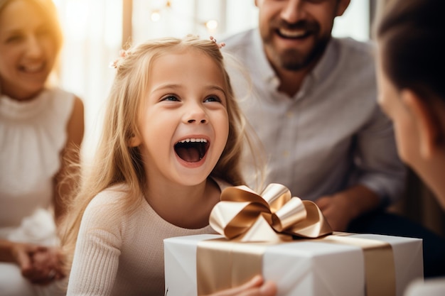 uma garotinha abrindo um presente surpresa com seus pais atrás dela sorrindo em tons suaves