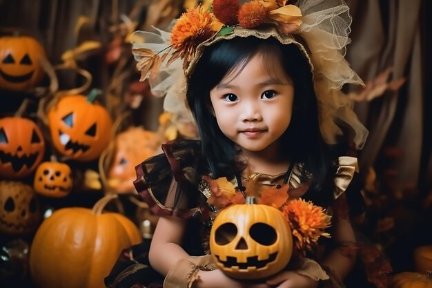 uma garotinha asiática vestida para o Halloween