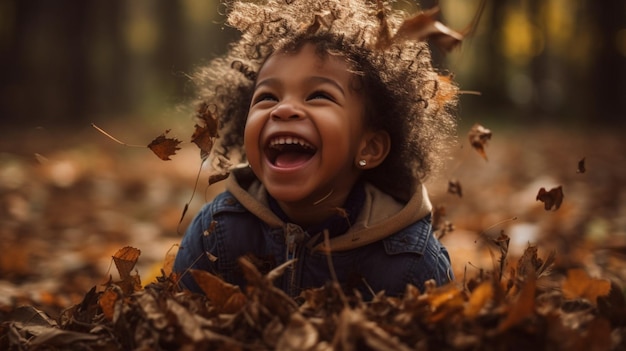 Foto uma garotinha brincando nas folhas