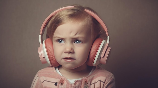 Uma garotinha com fones de ouvido e uma camisa rosa