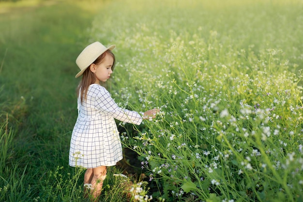 Uma garotinha com um chapéu trançado e um vestido branco quadriculado fica colhendo uma flor em um campo