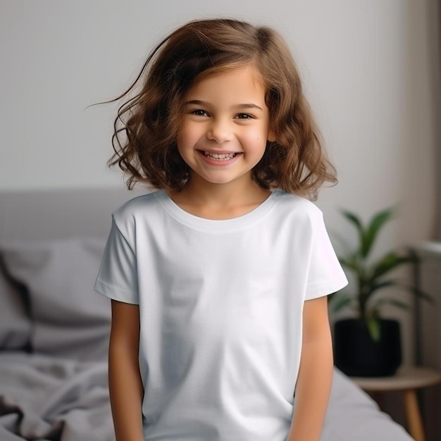 Uma garotinha com uma camisa branca que diz "feliz"