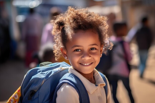 Uma garotinha com uma mochila sorrindo para a câmera criada com IA generativa