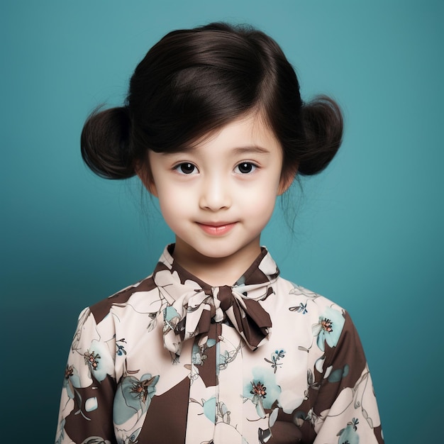 Uma garotinha coreana tem um belo penteado e usa uma camisa estampada de alta qualidade