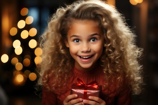 Uma garotinha de cabelos cacheados com um presente de Natal e uma expressão de alegria e surpresa no rosto Geração de IA