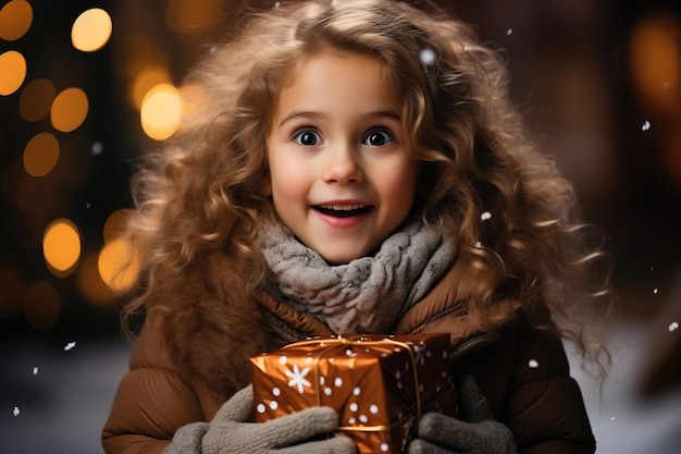 Uma garotinha de cabelos cacheados com um presente de Natal e uma expressão de alegria e surpresa no rosto Geração de IA