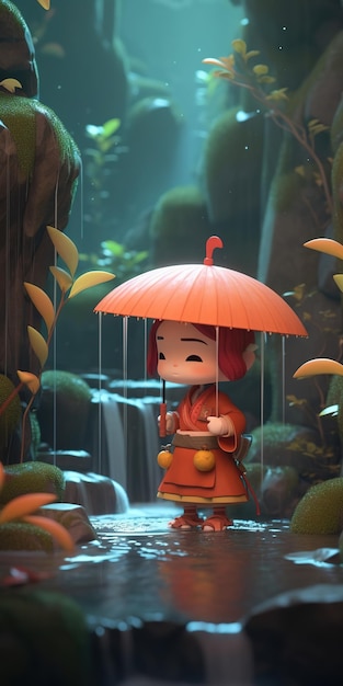 Uma garotinha de vestido vermelho está segurando um guarda-chuva na chuva.