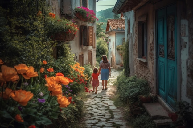 Uma garotinha e sua mãe caminham por uma rua estreita com flores ao fundo.