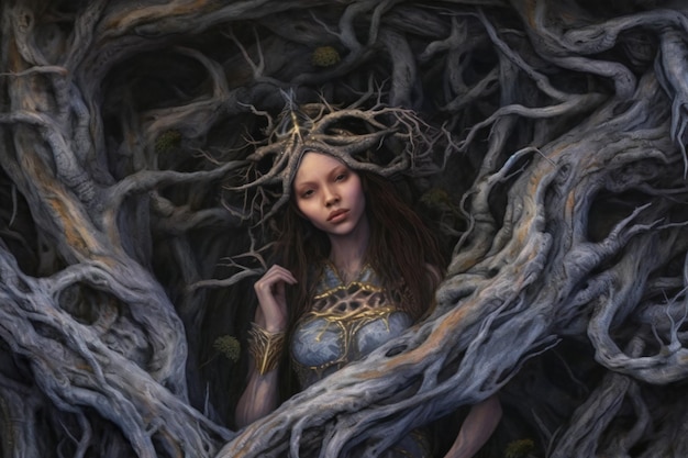 Uma garotinha em um mundo de fantasia com raízes