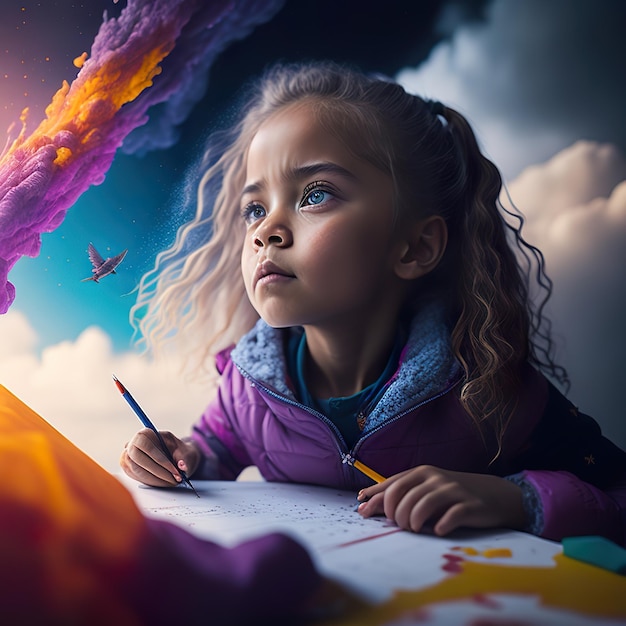 Foto uma garotinha está desenhando com um lápis e um fundo de céu azul