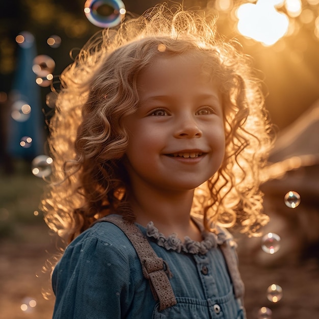 Uma garotinha está sorrindo e o sol está se pondo atrás dela.