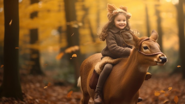 Uma garotinha feliz cavalgando um cervo em uma floresta coberta de folhas de outono Generative AI AIG27
