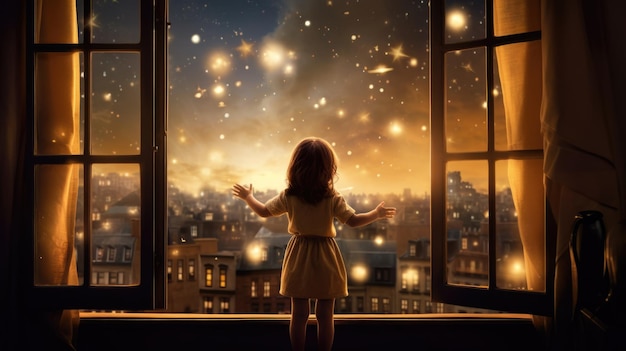 Uma garotinha feliz em pé em uma grande janela e olhando para as estrelas no céu com um lindo e sonhador Generative AI AIG32