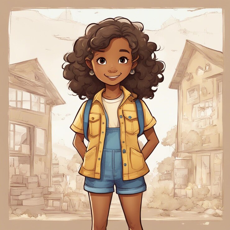 Foto uma garotinha negra com ilustração de pano amarelo e azul
