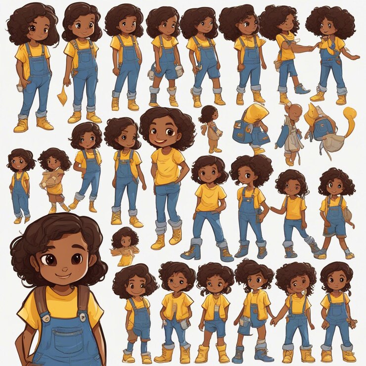Foto uma garotinha negra com ilustração de pano amarelo e azul