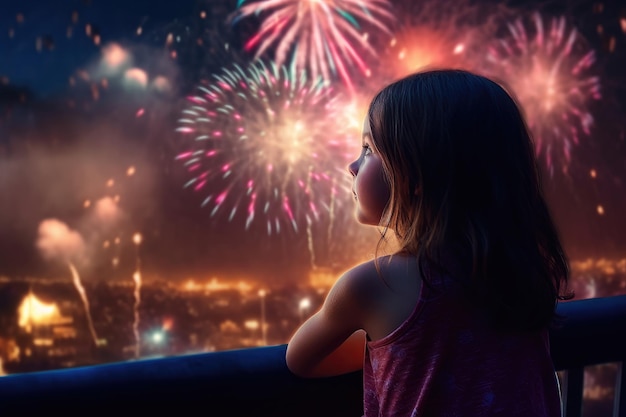 Uma garotinha observa uma cidade durante os fogos de artifício