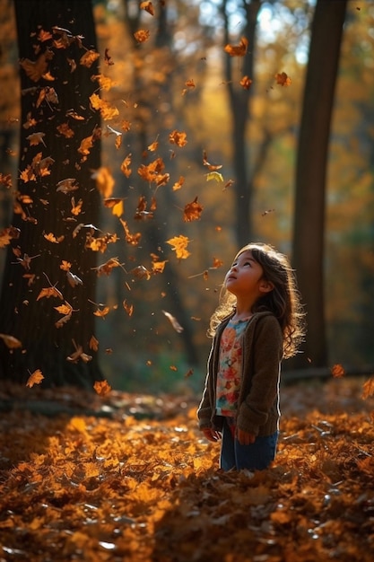 Uma garotinha olha para as folhas que caem do céu.