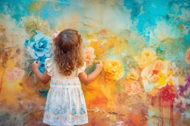 Uma garotinha pintando uma parede com flores