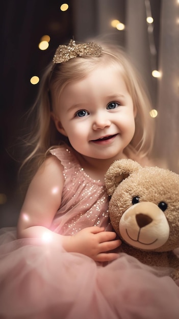 Uma garotinha segurando um ursinho de pelúcia que diz "a palavra" nele.