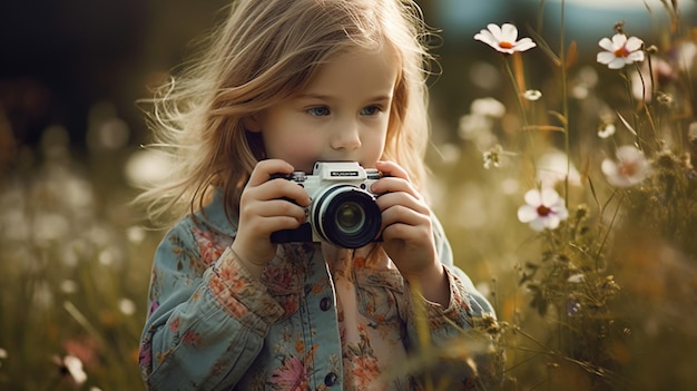 Uma garotinha segurando uma câmera em um campo de flores