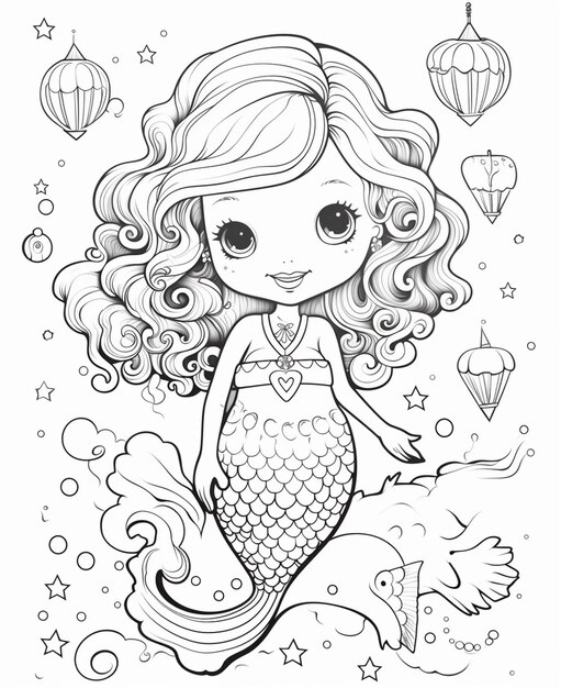 Foto uma garotinha sereia com cabelo comprido e cauda de estrela do mar gera ia