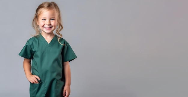 Uma garotinha vestindo uniforme verde fica em frente a uma parede em branco.