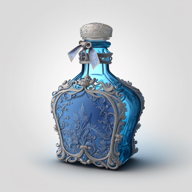 Uma garrafa azul com um desenho prateado e uma fita prateada em volta do gargalo.