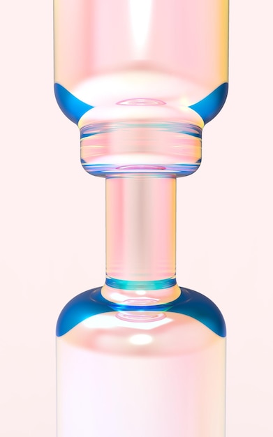 Foto uma garrafa azul com uma vela em forma de gato azul na frente de um fundo rosa.