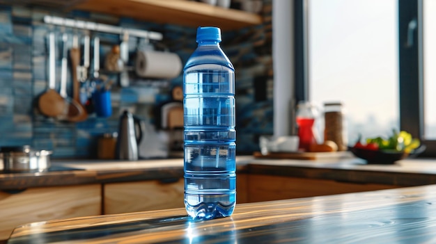 Foto uma garrafa azul de água sentada em uma mesa na frente de uma janela