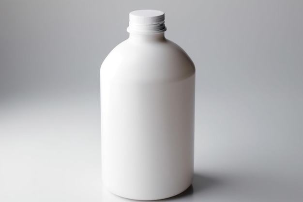 Uma garrafa branca com tampa branca está sobre uma superfície branca.