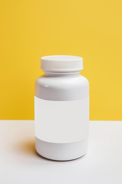 Uma garrafa branca com um rótulo branco fica em um fundo amarelo