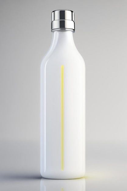 Foto uma garrafa branca com uma faixa amarela que diz leite