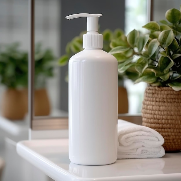 Uma garrafa branca de shampoo está na mesa no banheiro AI Generative