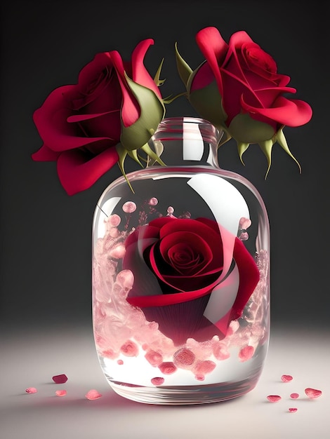 uma garrafa brilhante com ilustração realista de rosas vermelhas Modelo 3D