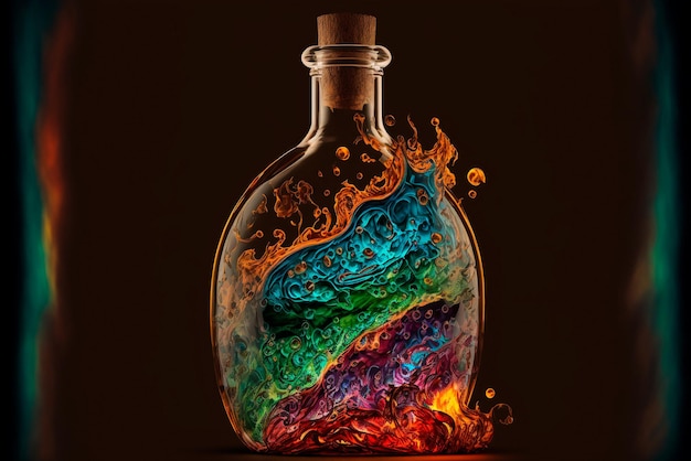 Uma garrafa cheia de fogo líquido colorido
