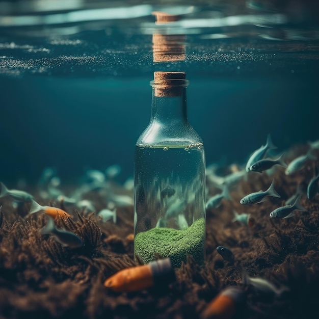 Uma garrafa com areia verde dentro é cercada por peixes.