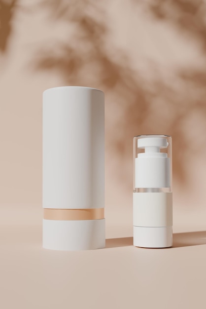Uma garrafa com caixa ambas colocadas em um modelo 3D de fundo bege