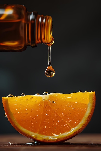 Uma garrafa com óleo pingando uma laranja