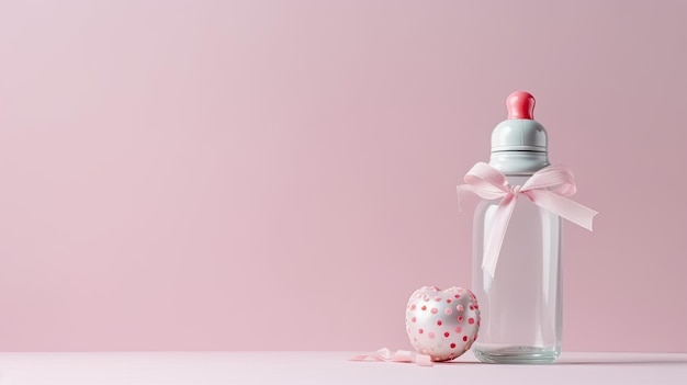 Uma garrafa com um coração rosa no topo e um coração rosa no topo.
