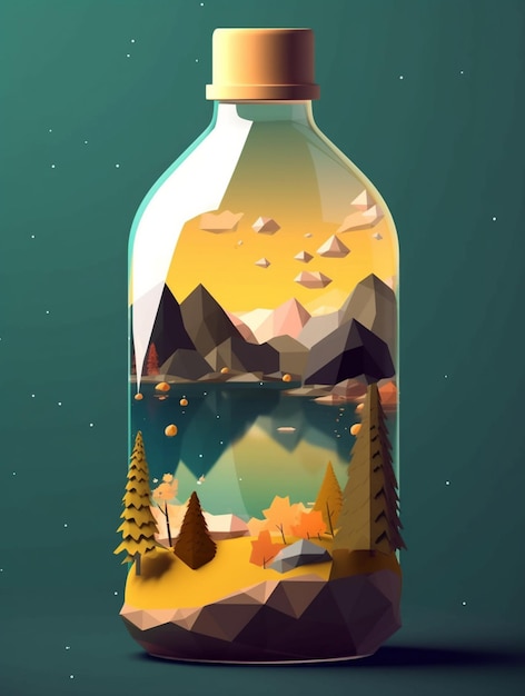 Uma garrafa com uma cena de montanha dentro