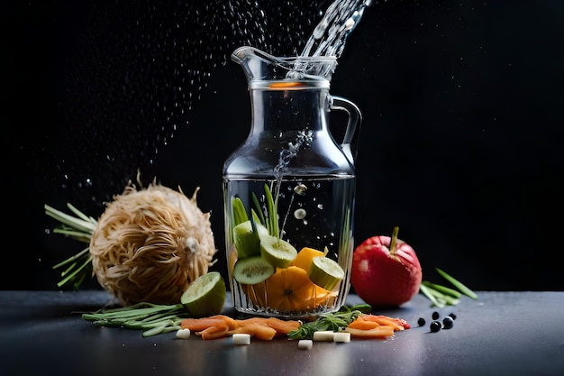 uma garrafa de água a ser derramada numa jarra com frutas e legumes.