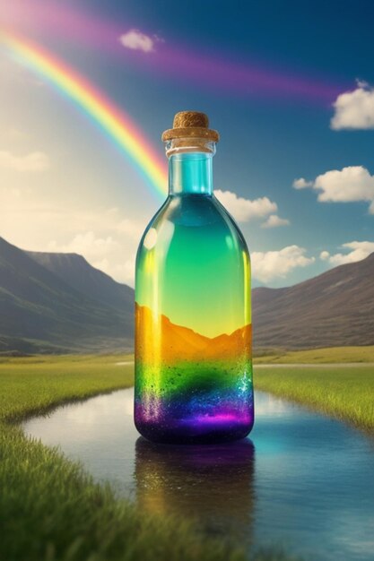 Uma garrafa de água cercada por um arco-íris brilhante de cores em um cenário intocado